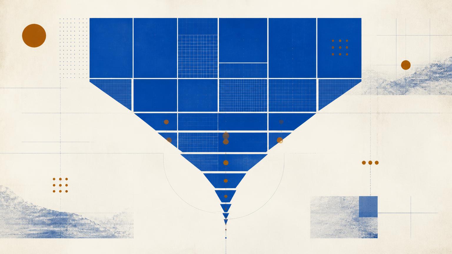 A modular blue grid narrowing into a funnel